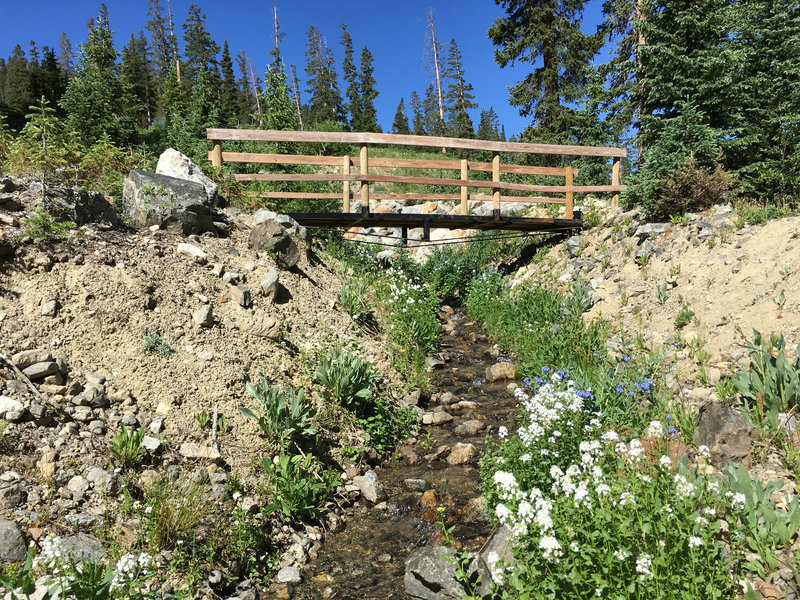 The trail goes over this bridge and follows this creek.