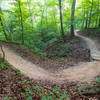 A small trail bridge spans a gulley on the South Loop while the trail snakes it's way along the rim of a deep ravine overlooking the forest and a small creek.