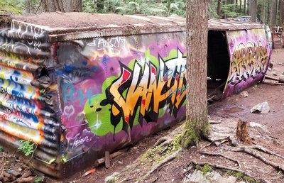 1 of 7 wrecked train cars.