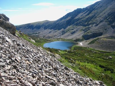 Lower Coney Lake. At this point, climbing 500 feet of loose talus seemed more fun than bashing through more willows.