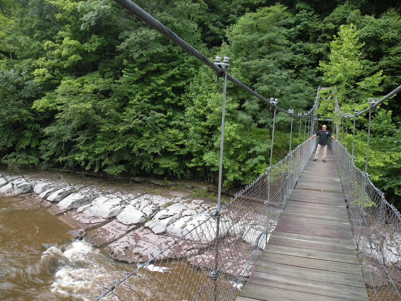 Feeling the natural sway of the bridge in a summer breeze and contemplating whether the rocks below or planks above are more slick.