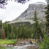 Bridge across the inlet of Swiftcurrent Lake.