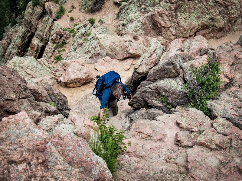 500 feet up the last pitch before the summit of the trail is a steep scramble and equally steep backwards all fours scramble on the descent.