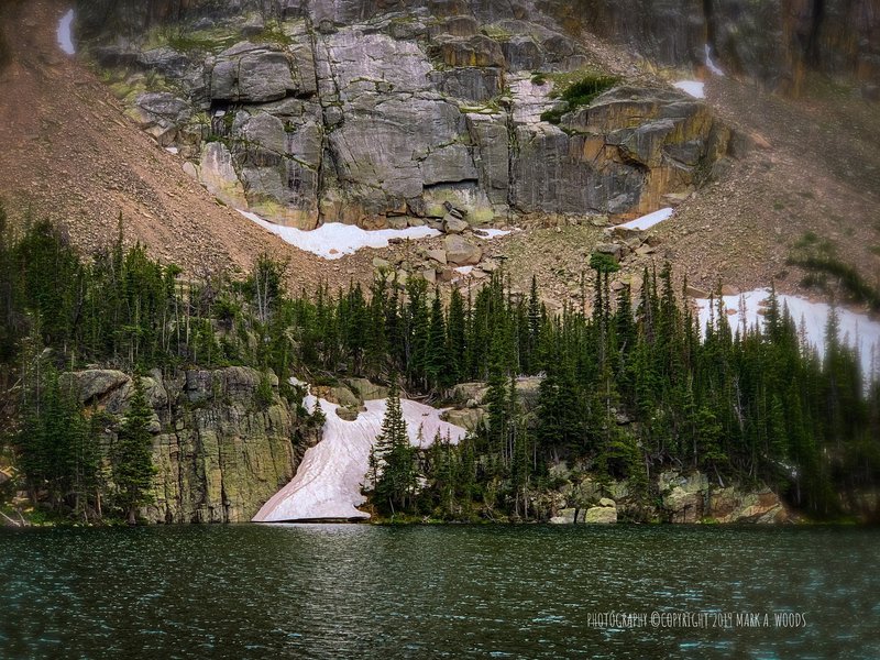 Glacier Gorge Trail, Rocky Mountain National Park. View looking west across Loch Lake. Elevation 10,180 feet.