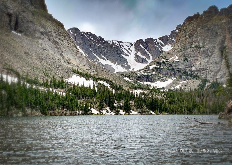 Glacier Gorge Trail, Rocky Mountain National Park.V View north across Loch Lake towards Andrews Glacier. (Note the small waterfall center).