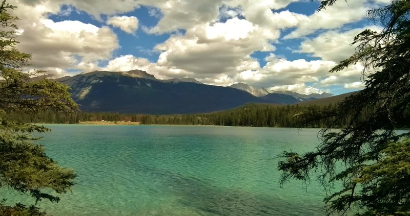 Lake Annette. In the distance is Roche Bonhomme (center left) and the Colin Range (right center).