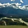 Whistlers Summit looms over the Athabasca River far below, when looking southwest from the western viewpoint along the Old Fort Point Loop trail.