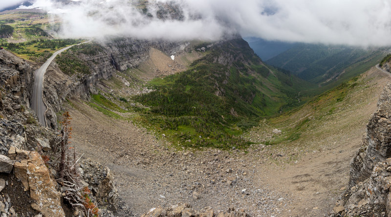 The valley north of Logan Pass from Highline Trail with Going-to-the-Sun Road following the contour line of the Garden Wall Divide.