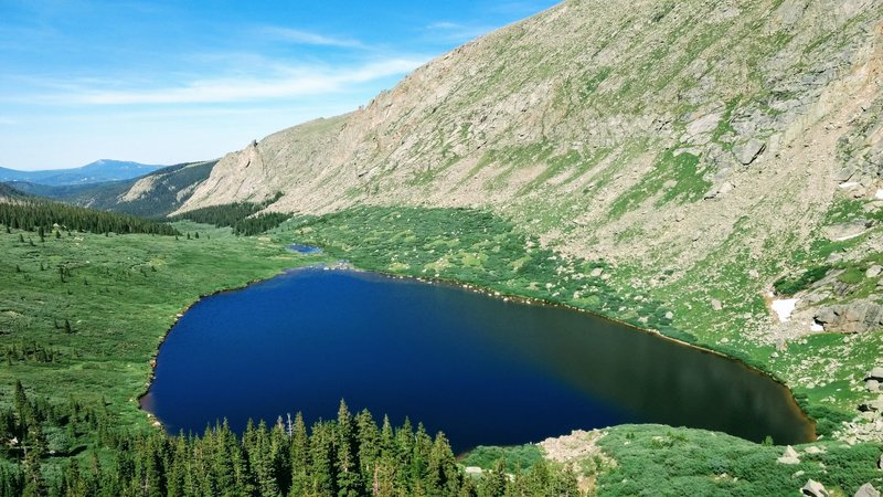 Looking down-valley on the rocks above the lower lake.