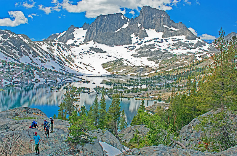 Garnet Lake. Banner Peak on the right is 3258 feet above the lake. Mt. Ritter a little to the left and behind Banner is 200 feet higher.