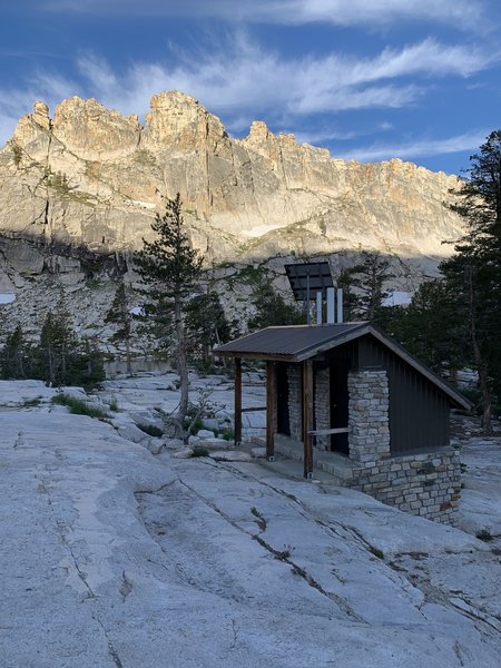 Pit toilets at Pear Lake, looking west at sunrise