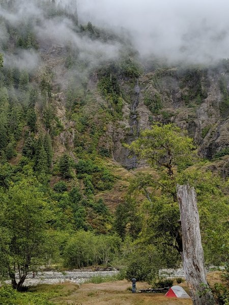 Lots of space to camp, and spread out with privacy and views in the Enchanted Valley. Wonderful morning vista of the waterfalls cascading into the Quinault River.