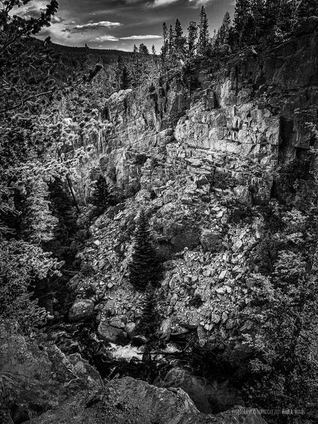 View looking down towards Alberta Falls from Glacier Gorge Trail, heading up to Loch Vale and Andrews Glacier.