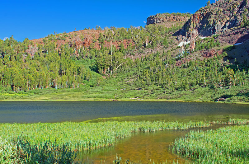 Meadows and red rocks surrounding highest of Clark Lakes