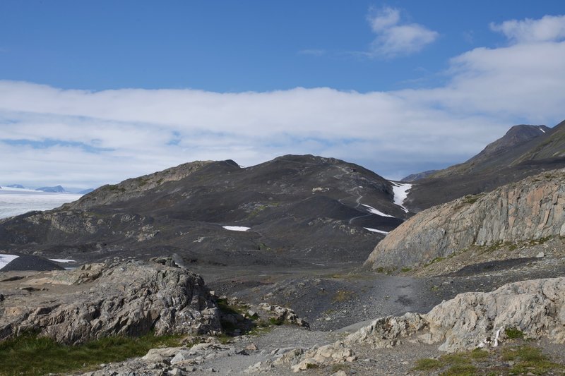 Toward the end of the trail, it levels out before climbing up the hillside past the Harding Icefield Shelter.