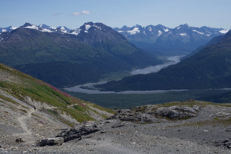 Take the opportunity to enjoy the views of the Resurrection River valley that spreads out below you from the upper portions of the trail.