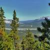 The Athabasca River below in the distance, with The Yellowhead Highway (Hwy 16) on the other side next to the river, heading northeast, is seen through the trees from Devona Lookout. Roche Miette (center right) stands guard over this valley.