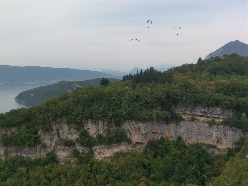 Viewpoint over the lake, canyon, and obliging paragliders