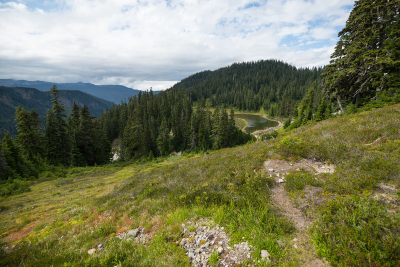 Looking down at Mazama Lake from the Chain Lakes Trail.