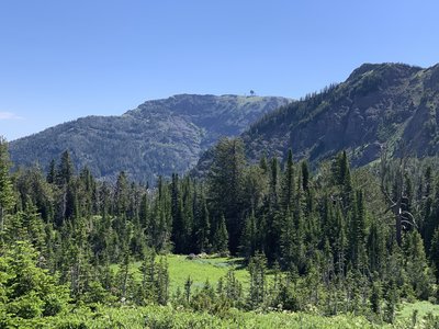 Looking back at Sawtell Peak on the Lake Marie trail.