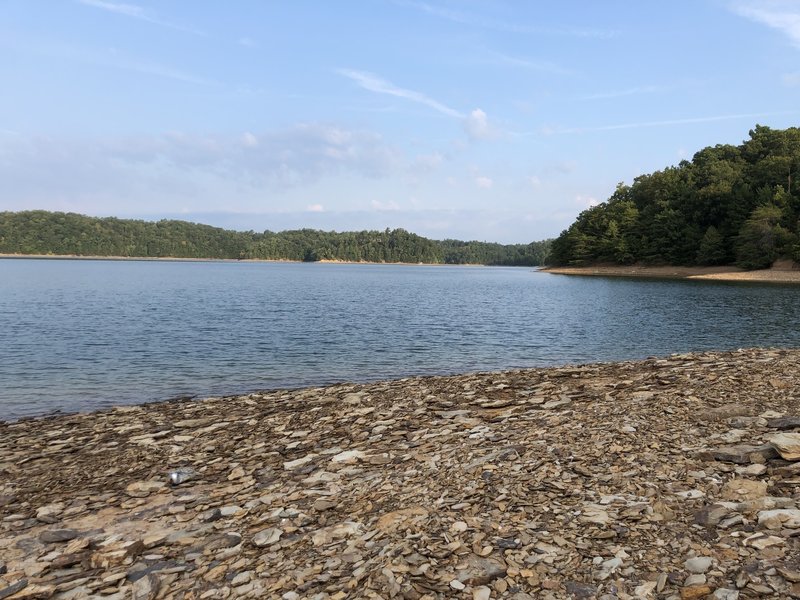 Easy access to the lake itself, beautiful vista. Evidence of others making campfires just above here.