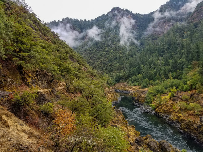 View of the gently flowing Rogue River from the elevated trail on the western shore.