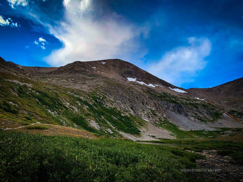 View of the trail up to Mount Democrat. Kite Lake Trailhead, 12,040'. September 3, 2019. That highest looking peak is the false summit.