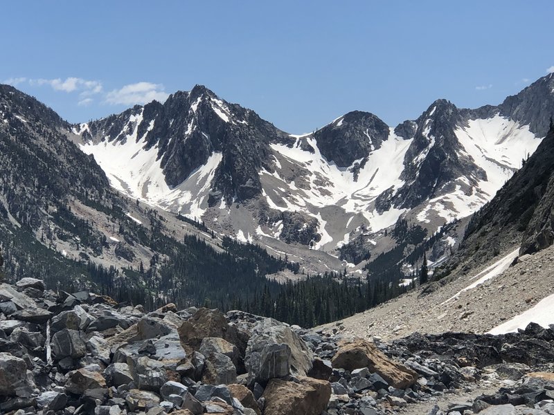 View of cirque peaks looking NW from Sawtooth Lakake