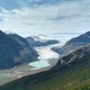 Castleguard Mountain in the distance (center) rises above Saskatchewan Glacier. Melt water from the glacier is the beginning of the North Saskatchewan River.