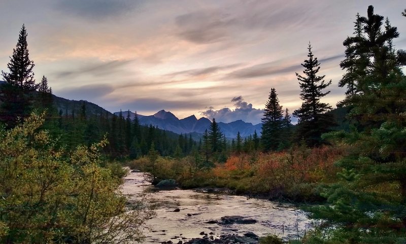 Sunset from Poligne Creek at Avalanche trail camp.