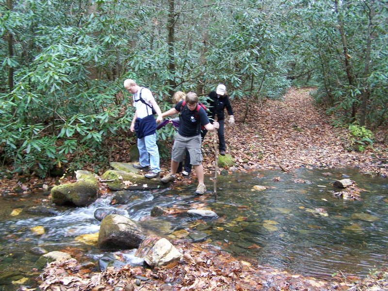 Reaching Armstrong Creek after walking down from the Woods Mountain Trail and the parking area at NC-80/Blue Ridge Parkway intersection.