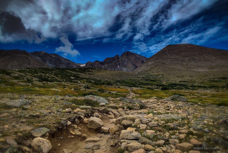 Approximately the halfway mark to Chasm Lake, above alpine now and the first clear view of Longs Peak (Mount Lady Washington, right).