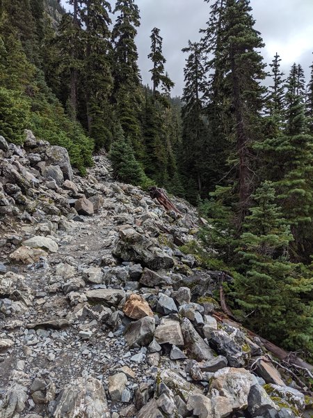 The trail can get quite rocky in several places. But nothing extreme