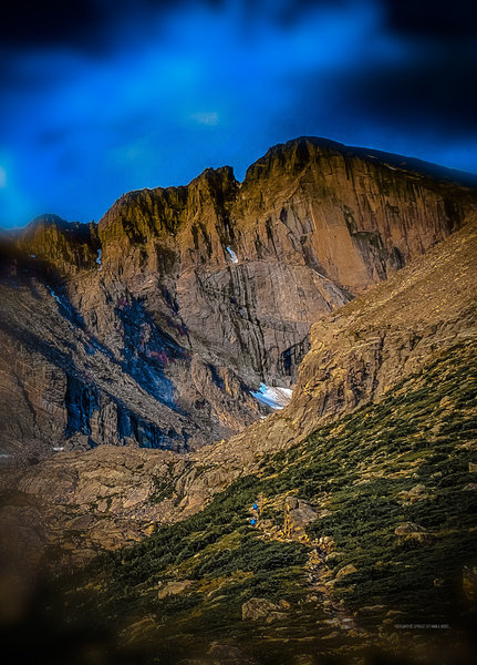 September 7, 2019, 08:30 am view of Longs Peak's Diamond face, as seen from near the top of Chasm Lake Trail.