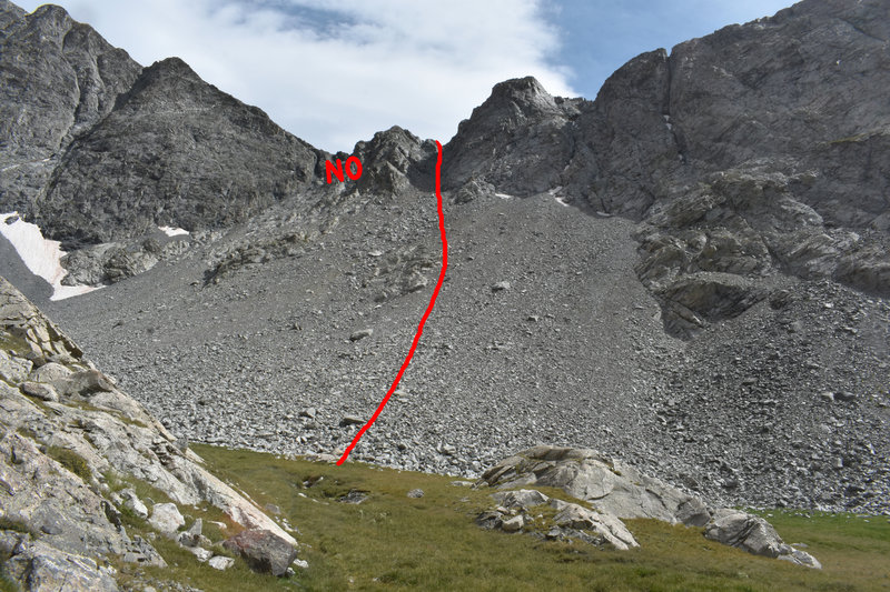 Ascend the C2 Couloir. The one to the left (where it says NO) is the Crossfire Couloir. This is not the route, but leads to class-4 and class-5 terrain.