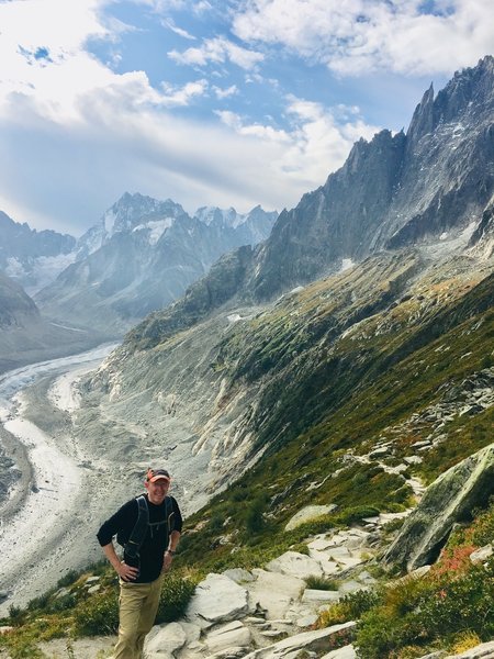 Heading up Signal Forbes from Refuge du Montenverse with Mer the Glace glacier in background