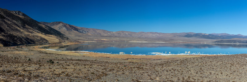 The western portion of Mono Lake with its crystallized salt shore.