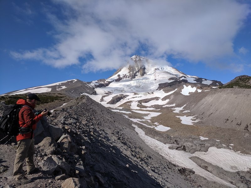 looking up towards hood on the moraine with Eliot Glacier in view