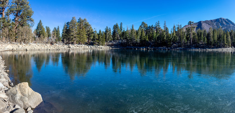 Sherwin Lakes with a thin layer of ice on top.