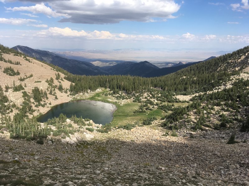 View of Johnson Lake when crossing over the saddle by Pyramid Peak