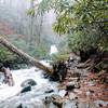 Grotto Falls in background with rock path on the right. Taken November 2018 on a rainy/snowy ascent of Mt. Laconte. A little rain makes the creek crossings swollen. Socks were damp to say the least even with Gortex leather mid-hiking boots.