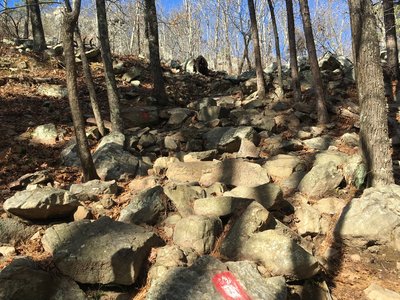 The first section of scrabbling. Bullseyes mark the trail.