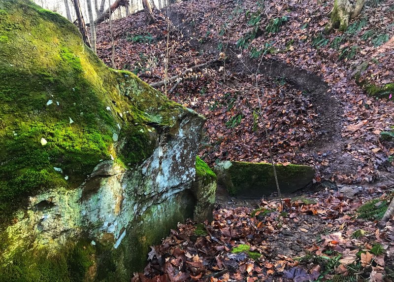 Rock squeeze end of downhill on Deerpath.