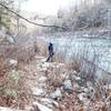 Path along the river, beautiful in the winter. Could be overgrown in the summer.