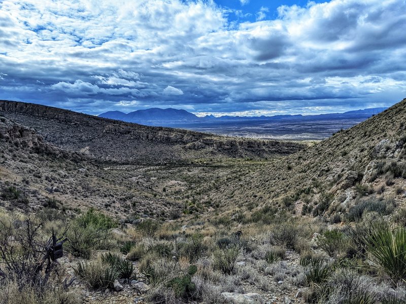 Looking down the drainage towards the northeast before reaching the saddle.