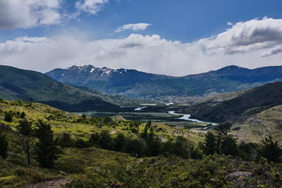 One of the first views of Paine River Valley. Serón campsite is by this river, at the end of the flat area.