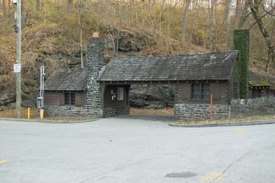 Wooden shelter near Wissahickon. No restrooms.