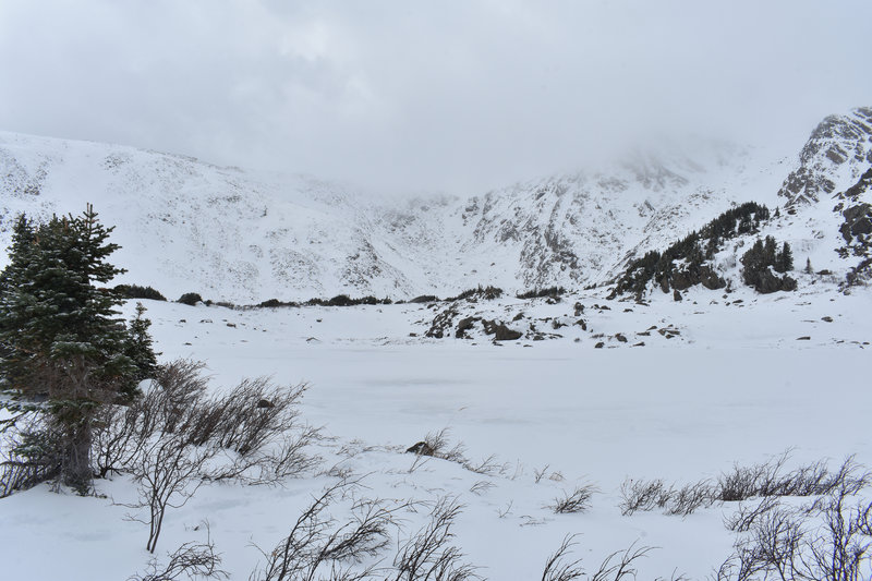 The middle lake in the winter. This is a tough one to snowshoe, and the route-finding is a bit more precarious in trying to steer clear of avalanche terrain.