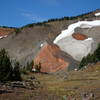 Close-up of the trail climbing the red cinder slope.