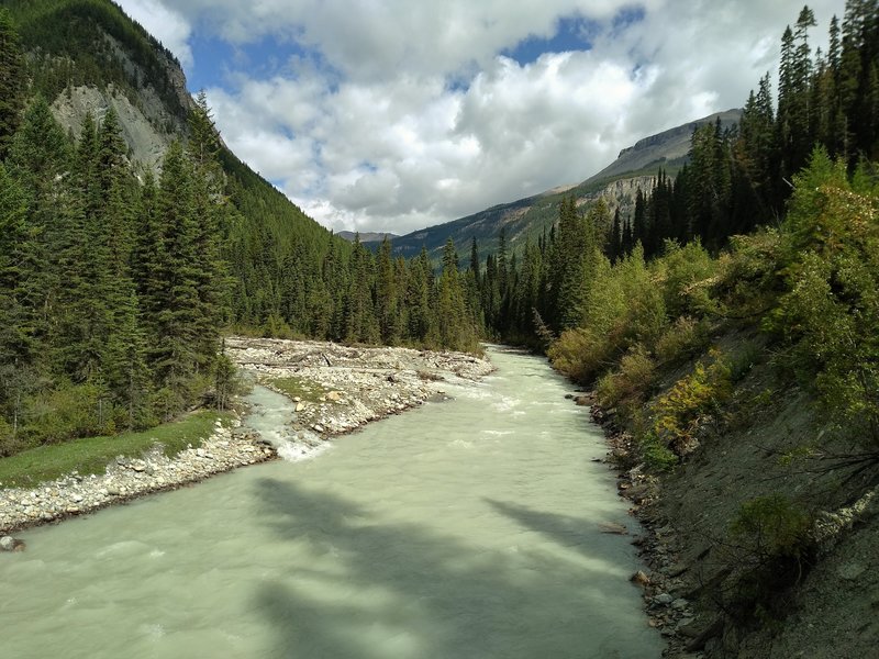 The Blaeberry River with glacial Cairnes Creek flowing into it on the left, seen looking upstream (northeast) from the bridge at the Cairnes Creek Campground.